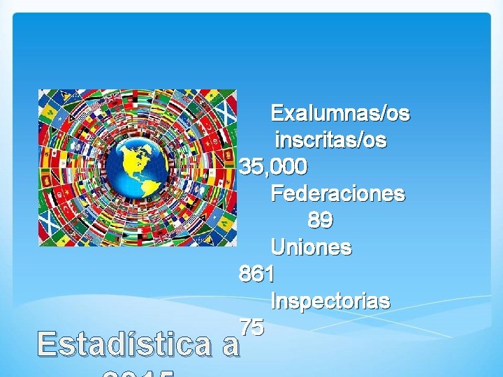 Exalumnas/os inscritas/os 35, 000 Federaciones 89 Uniones 861 Inspectorias 75 Estadística a 