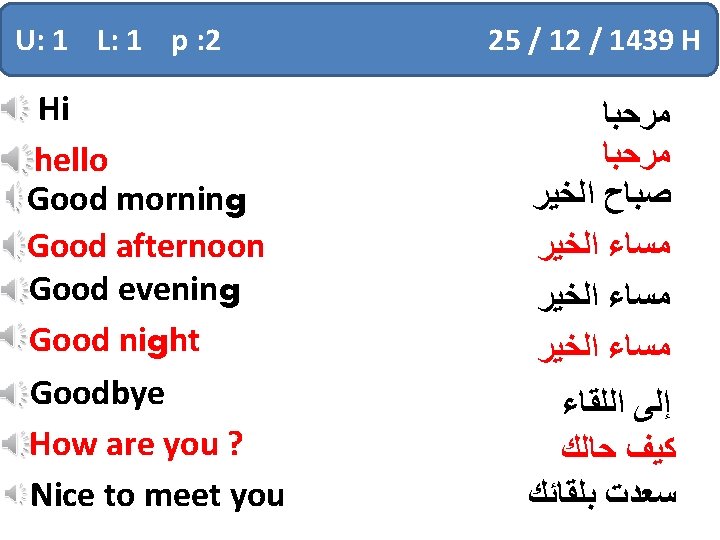 U: 1 L: 1 p : 2 Hi hello Good morning Good afternoon Good U: 1 L: 1 p : 2 Hi hello Good morning Good afternoon Good