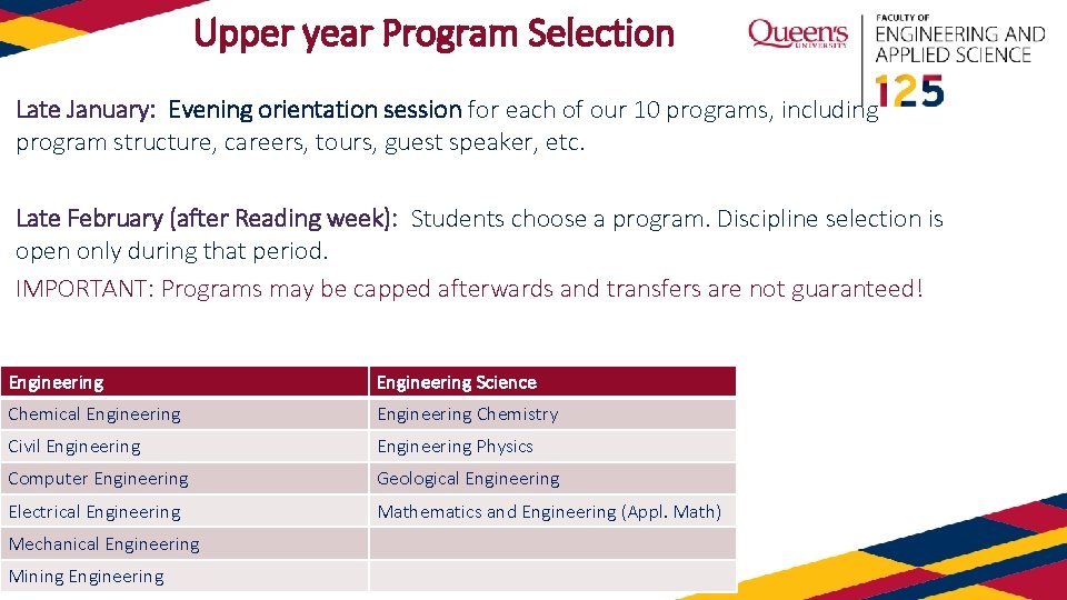 Upper year Program Selection Late January: Evening orientation session for each of our 10