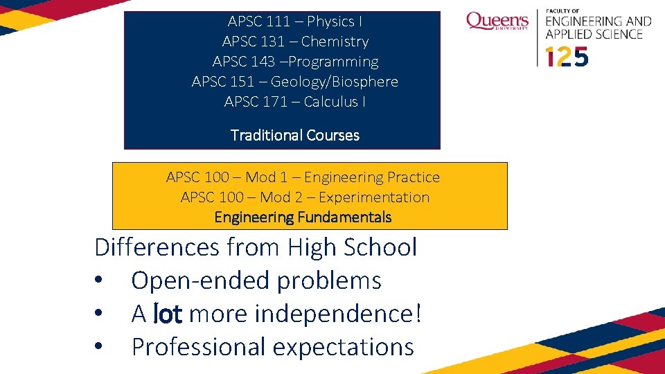 APSC 111 – Physics I APSC 131 – Chemistry APSC 143 –Programming APSC 151
