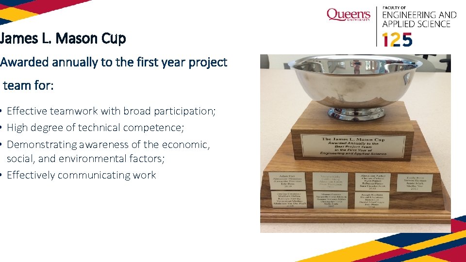 James L. Mason Cup Awarded annually to the first year project team for: •