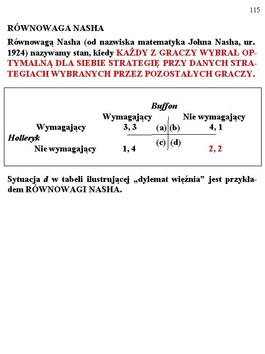 115 RÓWNOWAGA NASHA Równowagą Nasha (od nazwiska matematyka Johna Nasha, ur. 1924) nazywamy stan,