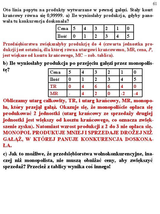 61 Oto linia popytu na produkty wytwarzane w pewnej gałęzi. Stały koszt krańcowy równa