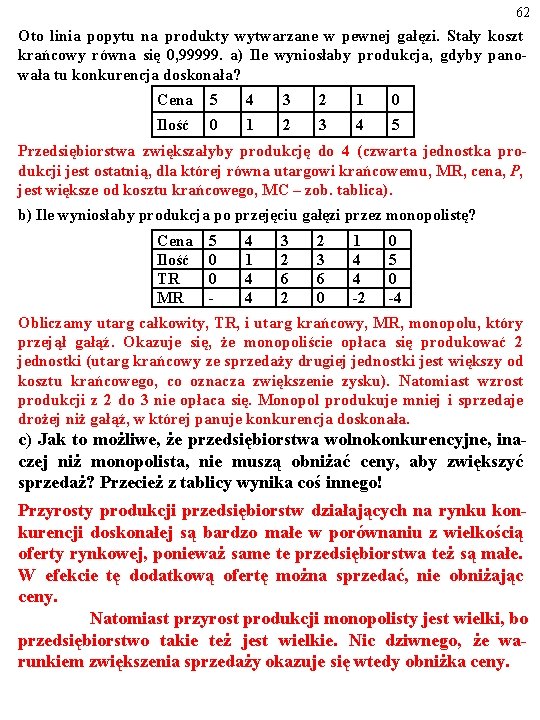 62 Oto linia popytu na produkty wytwarzane w pewnej gałęzi. Stały koszt krańcowy równa