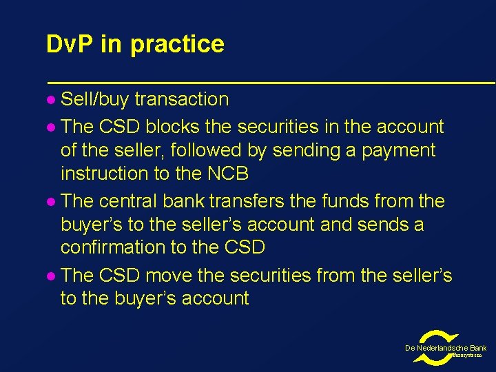 Dv. P in practice Sell/buy transaction l The CSD blocks the securities in the Dv. P in practice Sell/buy transaction l The CSD blocks the securities in the