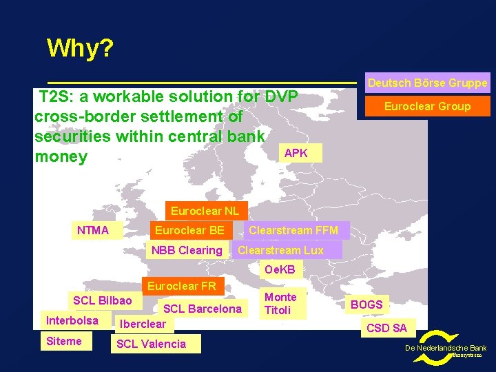 Why? The current initiatives: T 2 S: a workable solution for DVP cross-border settlement Why? The current initiatives: T 2 S: a workable solution for DVP cross-border settlement