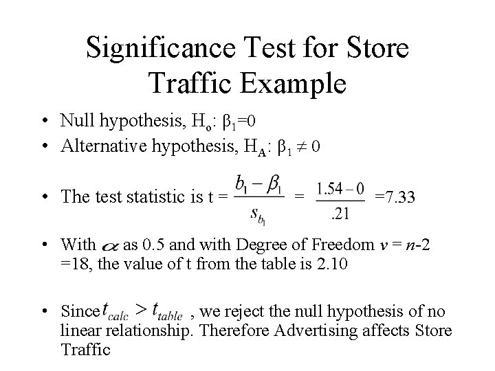Significance Test for Store Traffic Example • Null hypothesis, Ho: β 1=0 • Alternative