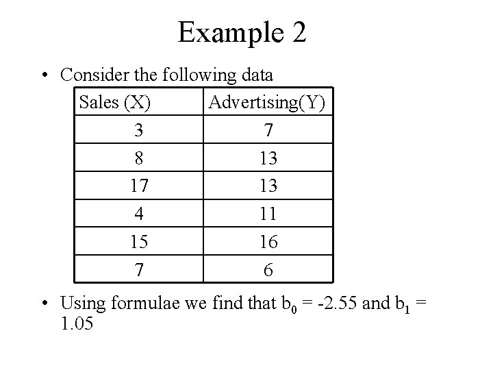 Example 2 • Consider the following data Sales (X) Advertising(Y) 3 7 8 13