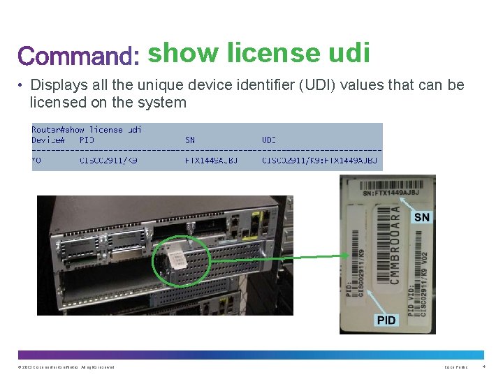show license udi • Displays all the unique device identifier (UDI) values that can