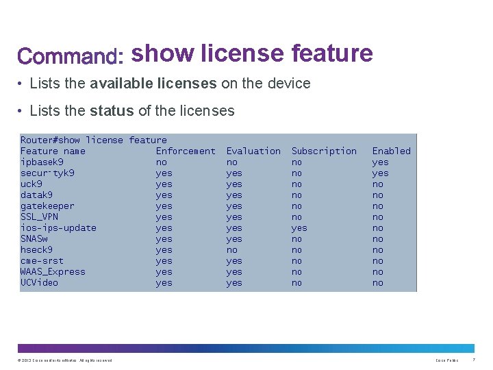 show license feature • Lists the available licenses on the device • Lists the