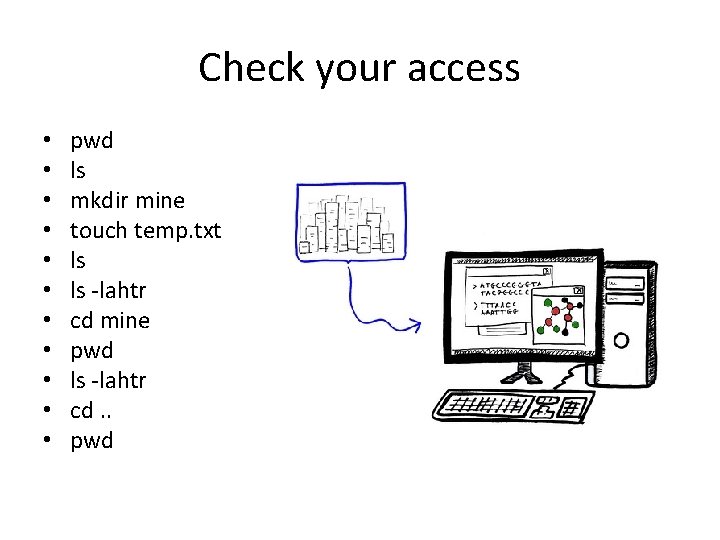 Check your access • • • pwd ls mkdir mine touch temp. txt ls Check your access • • • pwd ls mkdir mine touch temp. txt ls