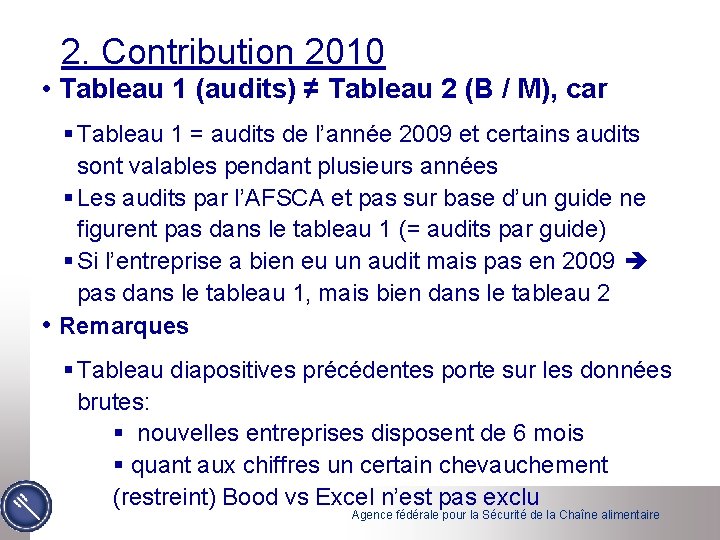 2. Contribution 2010 • Tableau 1 (audits) ≠ Tableau 2 (B / M), car