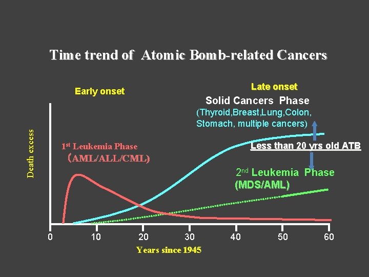 　 Time trend of Atomic Bomb-related Cancers Late onset Death excess Early onset 　Solid