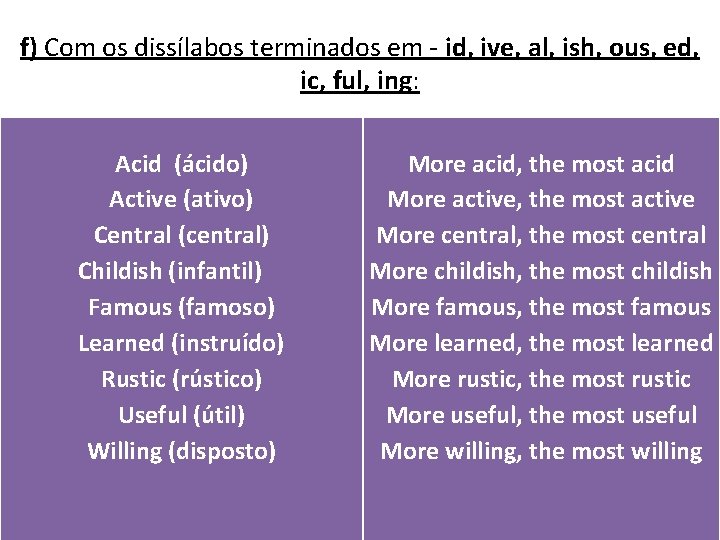 f) Com os dissílabos terminados em - id, ive, al, ish, ous, ed, ic,