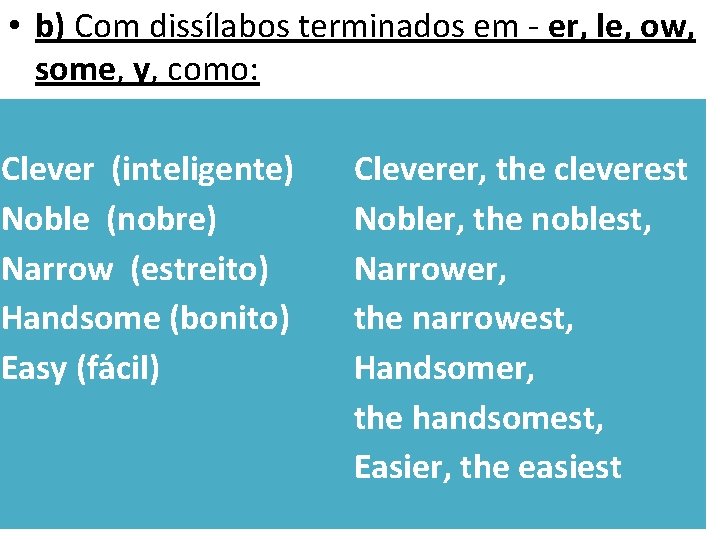  • b) Com dissílabos terminados em - er, le, ow, some, y, como: