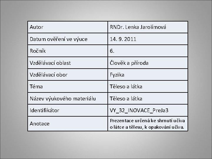 Autor RNDr. Lenka Jarolímová Datum ověření ve výuce 14. 9. 2011 Ročník 6. Vzdělávací