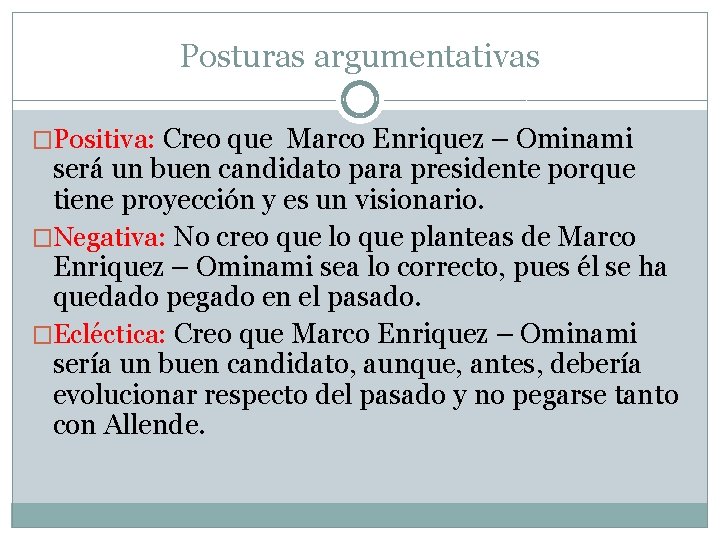 Posturas argumentativas �Positiva: Creo que Marco Enriquez – Ominami será un buen candidato para