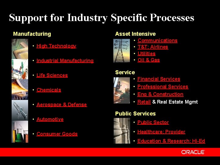 Support for Industry Specific Processes Manufacturing • High Technology • Industrial Manufacturing • Life