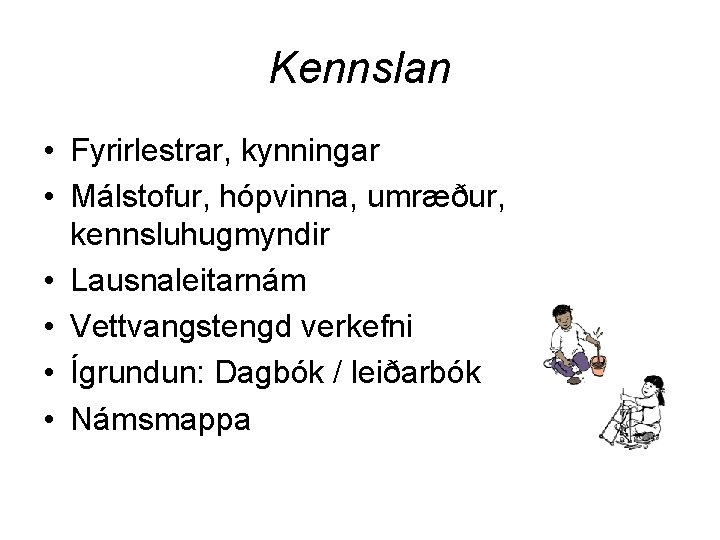 Kennslan • Fyrirlestrar, kynningar • Málstofur, hópvinna, umræður, kennsluhugmyndir • Lausnaleitarnám • Vettvangstengd verkefni