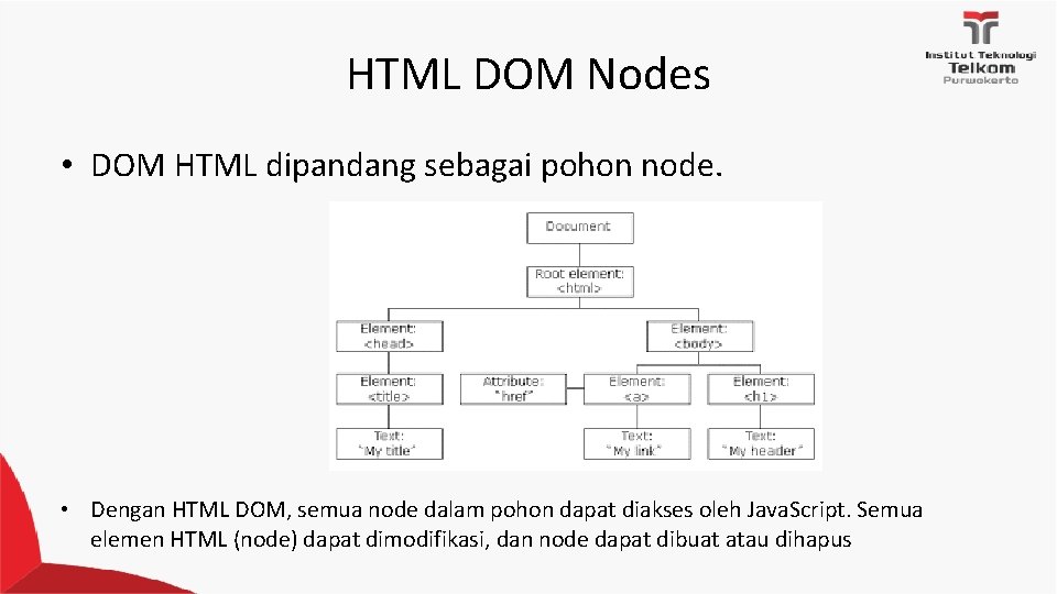 HTML DOM Nodes • DOM HTML dipandang sebagai pohon node. • Dengan HTML DOM,