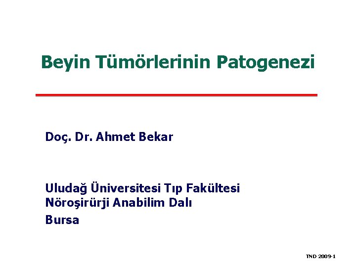 Beyin Tümörlerinin Patogenezi Doç. Dr. Ahmet Bekar Uludağ Üniversitesi Tıp Fakültesi Nöroşirürji Anabilim Dalı