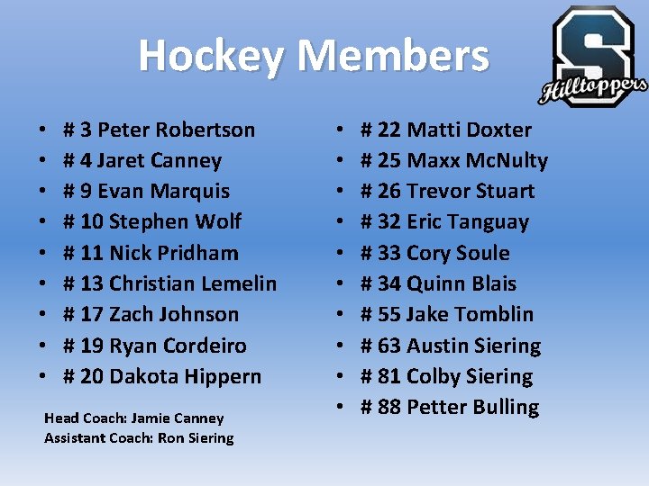 Hockey Members • • • # 3 Peter Robertson # 4 Jaret Canney #