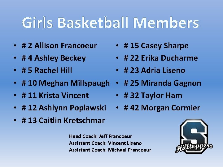 Girls Basketball Members • • # 2 Allison Francoeur # 4 Ashley Beckey #