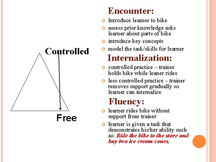 Encounter: Controlled Introduce learner to bike assess prior knowledge asks learner about parts of