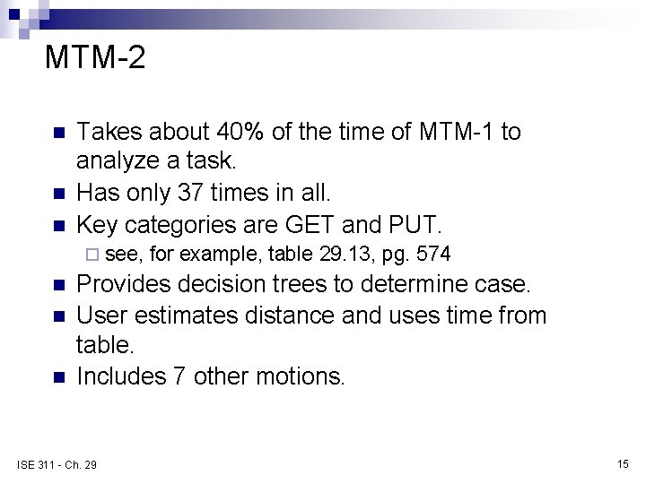 MTM-2 n n n Takes about 40% of the time of MTM-1 to analyze