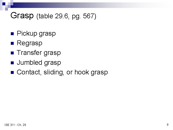 Grasp (table 29. 6, pg. 567) n n n Pickup grasp Regrasp Transfer grasp
