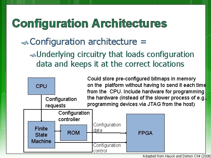 Configuration Architectures Configuration architecture = Underlying circuitry that loads configuration data and keeps it