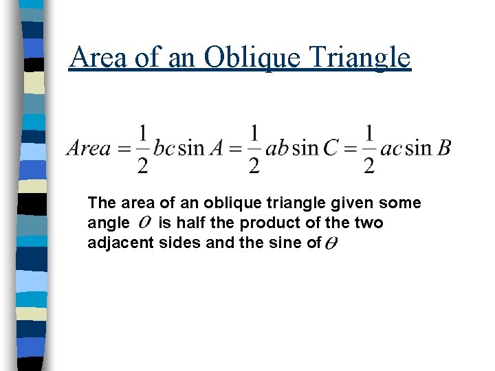 Area of an Oblique Triangle The area of an oblique triangle given some angle