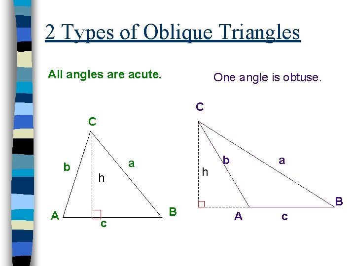 2 Types of Oblique Triangles All angles are acute. One angle is obtuse. C