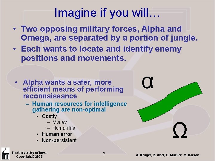 Imagine if you will… • Two opposing military forces, Alpha and Omega, are separated