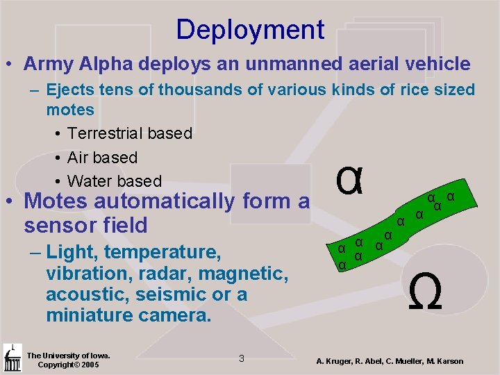 Deployment • Army Alpha deploys an unmanned aerial vehicle – Ejects tens of thousands