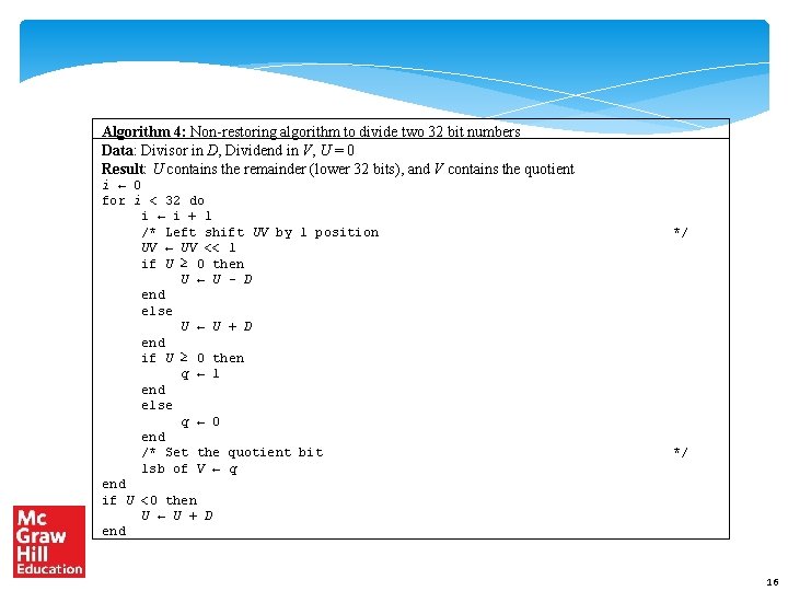 Algorithm 4: Non-restoring algorithm to divide two 32 bit numbers Data: Divisor in D,