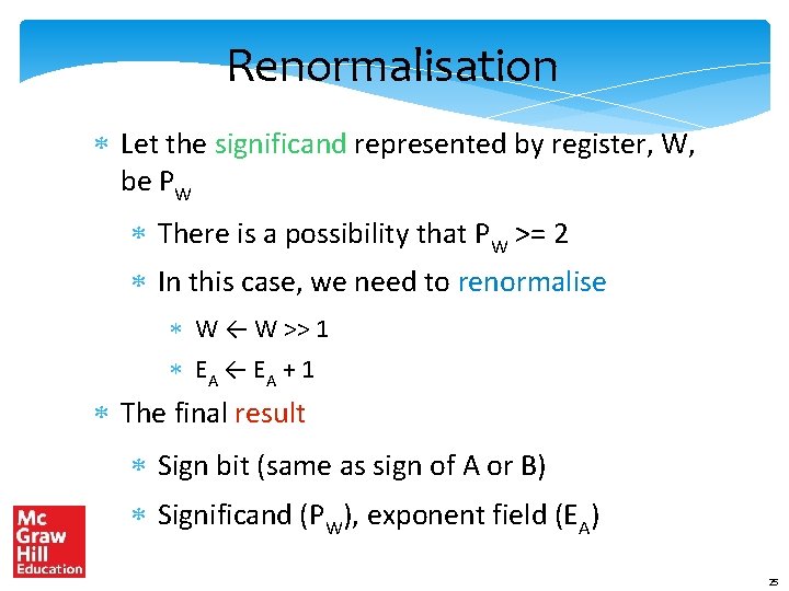 Renormalisation * Let the significand represented by register, W, be PW * There is