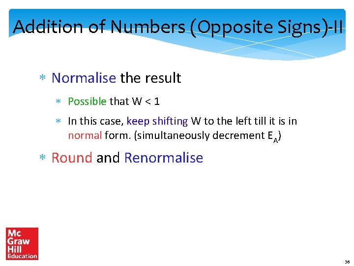 Addition of Numbers (Opposite Signs)-II * Normalise the result * Possible that W <