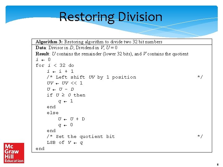 Restoring Division Algorithm 3: Restoring algorithm to divide two 32 bit numbers Data: Divisor
