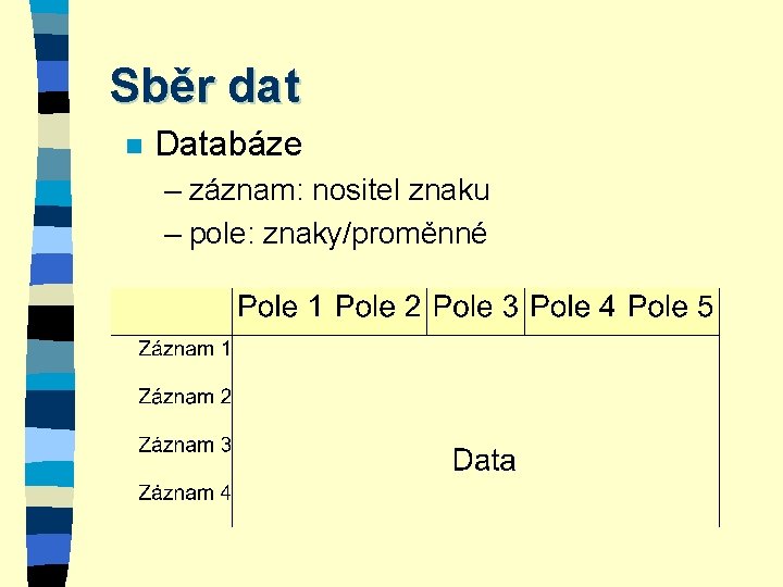 Sběr dat n Databáze – záznam: nositel znaku – pole: znaky/proměnné 