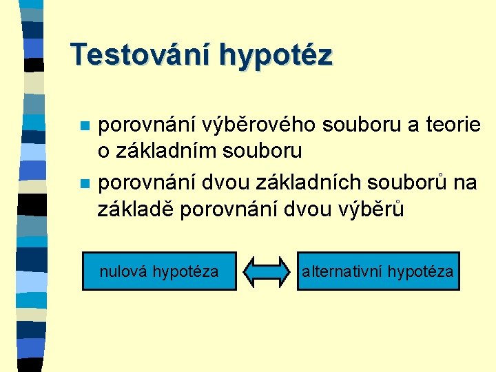 Testování hypotéz n n porovnání výběrového souboru a teorie o základním souboru porovnání dvou