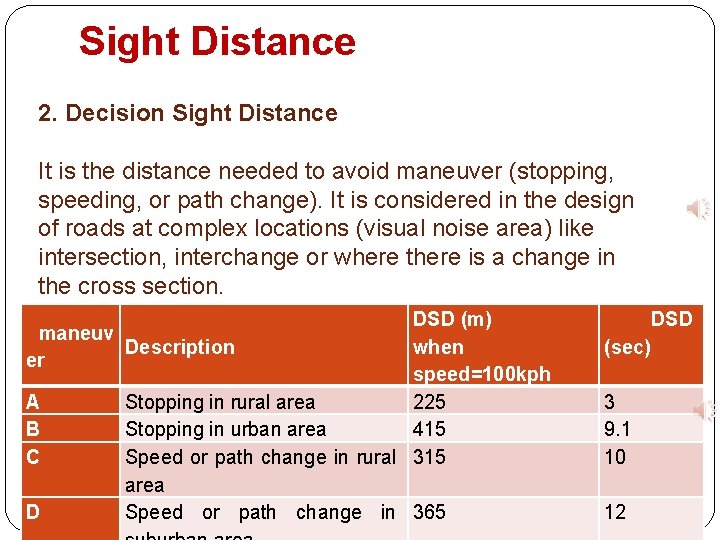 Sight Distance 2. Decision Sight Distance It is the distance needed to avoid maneuver