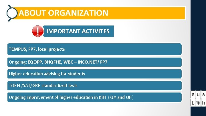 ABOUT ORGANIZATION IMPORTANT ACTIVITES TEMPUS, FP 7, local projects Ongoing: EQOPP, BHQFHE, WBC – ABOUT ORGANIZATION IMPORTANT ACTIVITES TEMPUS, FP 7, local projects Ongoing: EQOPP, BHQFHE, WBC –