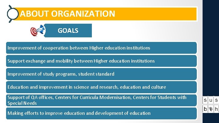 ABOUT ORGANIZATION GOALS Improvement of cooperation between Higher education institutions Support exchange and mobility ABOUT ORGANIZATION GOALS Improvement of cooperation between Higher education institutions Support exchange and mobility