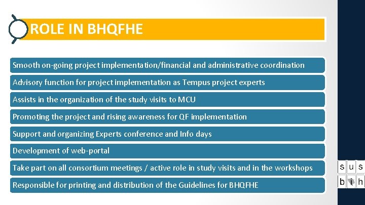 ROLE IN BHQFHE Smooth on-going project implementation/financial and administrative coordination Advisory function for project ROLE IN BHQFHE Smooth on-going project implementation/financial and administrative coordination Advisory function for project