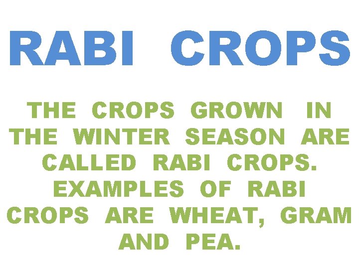 RABI CROPS THE CROPS GROWN IN THE WINTER SEASON ARE CALLED RABI CROPS. EXAMPLES