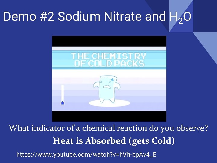 Demo #2 Sodium Nitrate and H 2 O What indicator of a chemical reaction