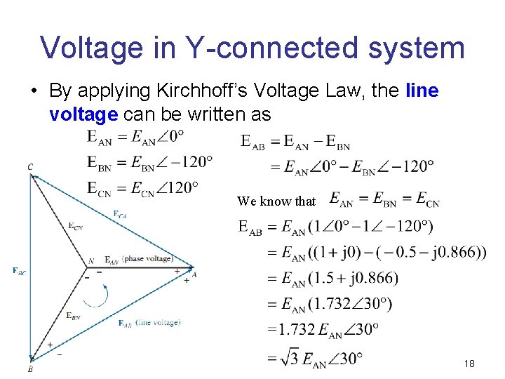 Voltage in Y-connected system • By applying Kirchhoff’s Voltage Law, the line voltage can