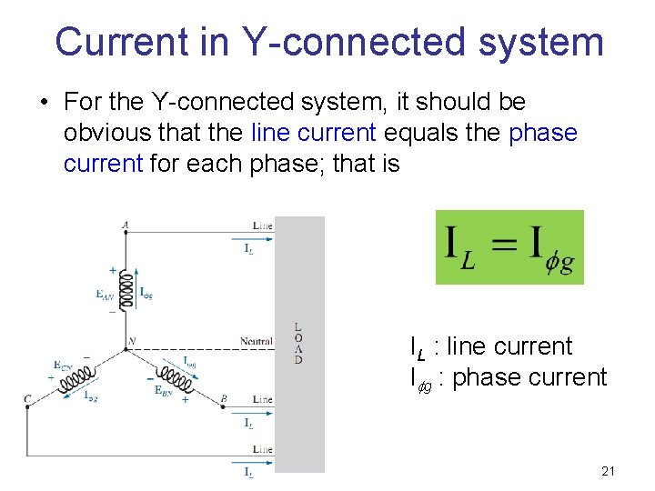 Current in Y-connected system • For the Y-connected system, it should be obvious that