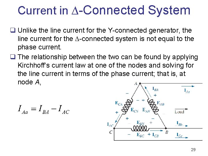 Current in ∆-Connected System q Unlike the line current for the Y-connected generator, the